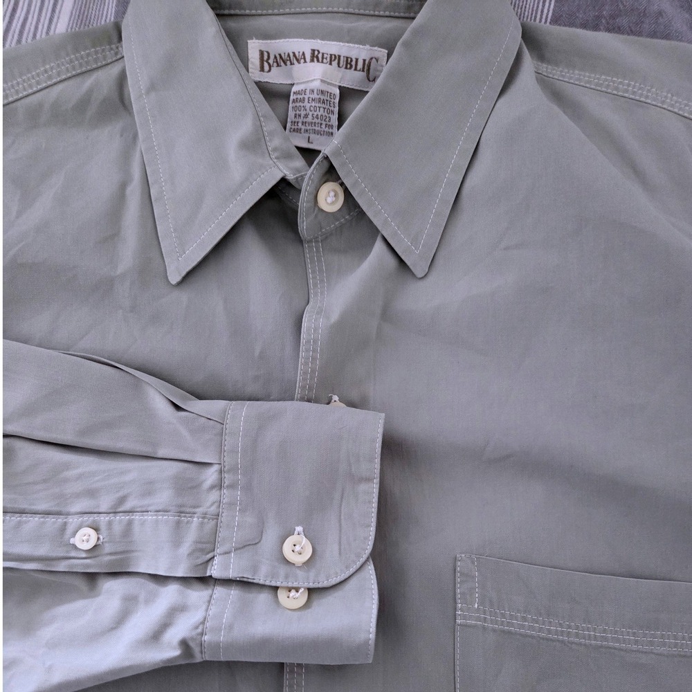 VTG Banana Republic Sage Green Cotton Button Shirt Contrast Stitch Sz L Safari
